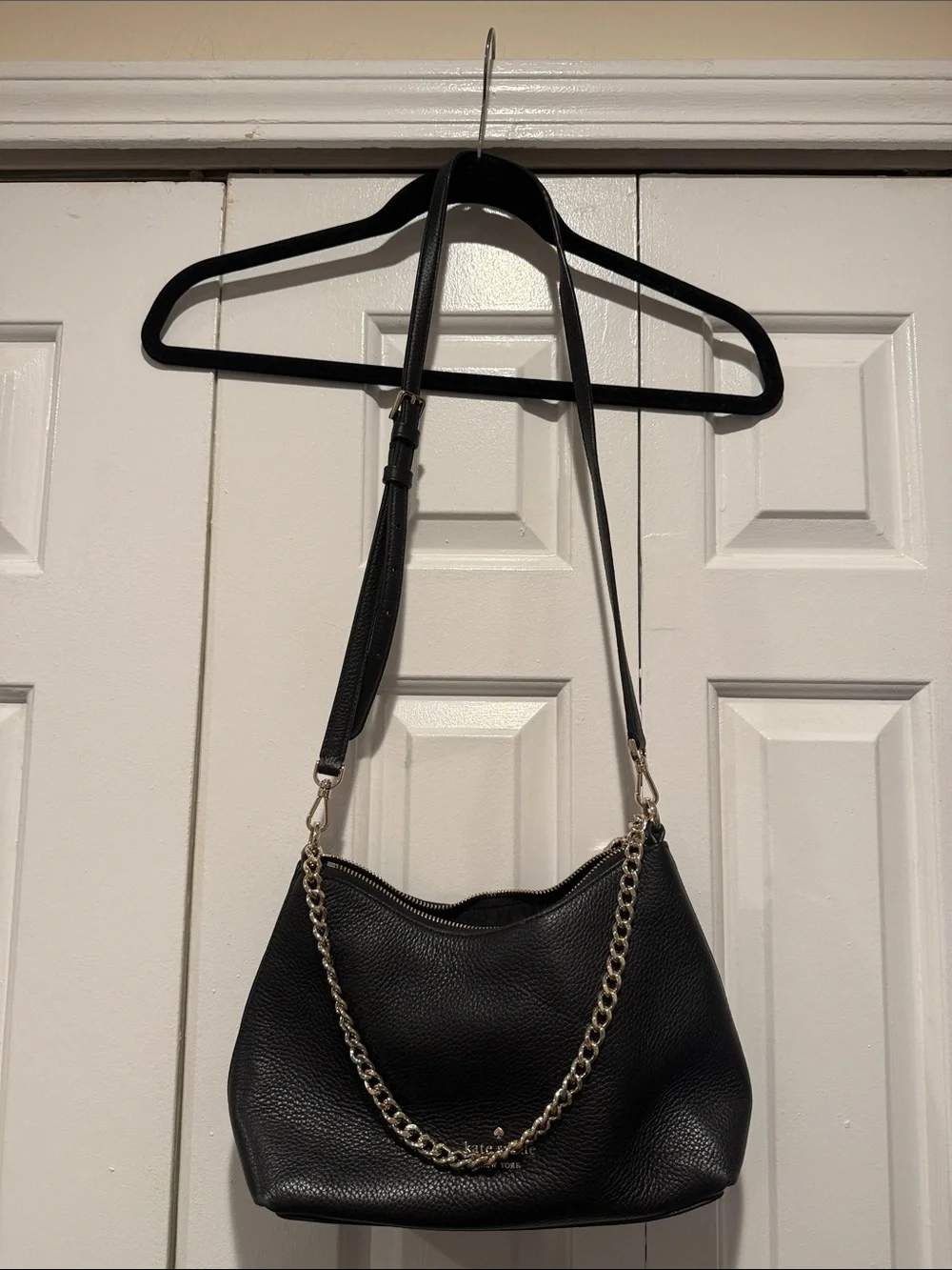 kate spade Black Pebbled Leather Shoulder Bag with Chain Accent